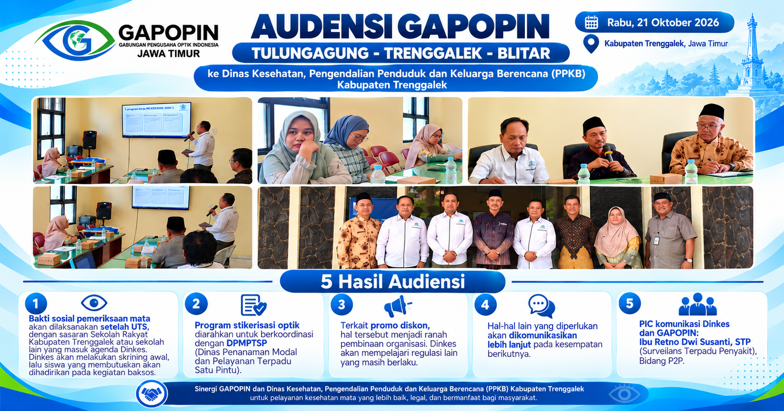 GAPOPIN Tulungagung–Trenggalek–Blitar Audiensi dengan Dinkes PPKB Trenggalek, Sepakati 5 Poin Penting untuk Penguatan Pelayanan Kesehatan Mata dan Pembinaan Optik